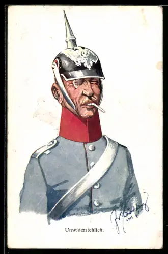 Künstler-AK Fritz Schönpflug: Unwiderstehlich, Soldat in Uniform mit Pickelhaube