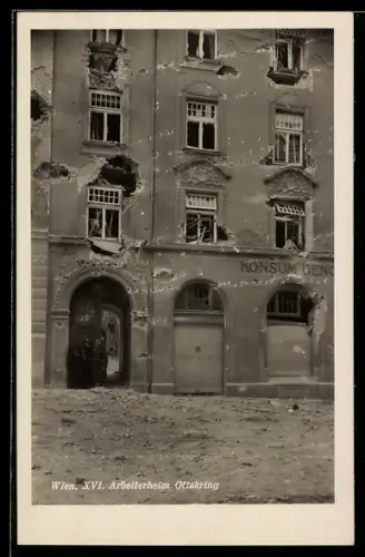 AK Wien, Zerstörungen an der Facade des Arbeiterheims Ottakring
