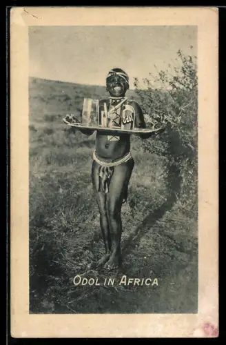 AK junger afrikanischer Knabe mit Reklame für Odol Mundwasser, Zahnarzt