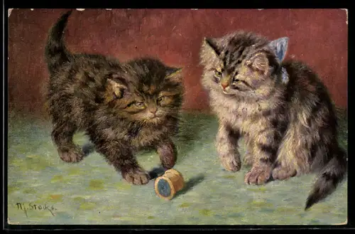 AK zwei Katzen spielen mit einem Korken