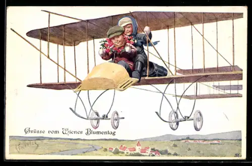 Künstler-AK Karl Feiertag: Zwei kleine Piloten in Fluggerät - Namenstagsgruss