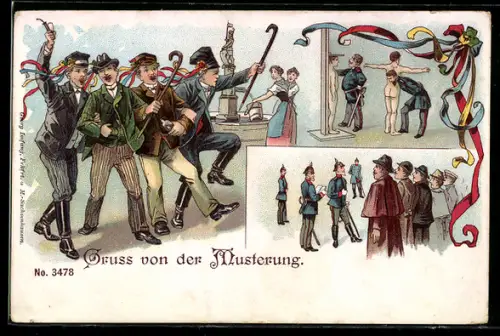AK Gruss von der Musterung, Rekruten bei der Vermessung und nach der Musterung