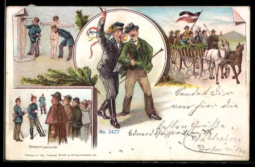 Lithographie Anfahrt & Musterung der Männer, Gruss von der Musterung