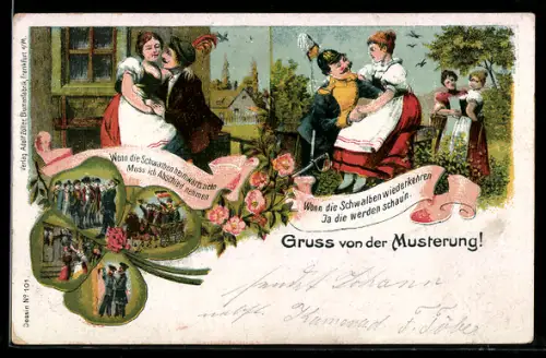 AK Männer umwerben Frauen, Gruss von der Musterung