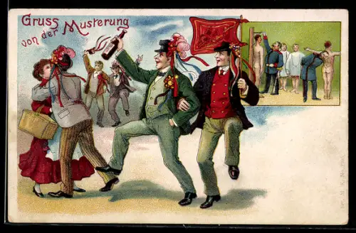 Künstler-AK Gruss von der Musterung, Grössenmessung, Kavalleristen bei der Feier
