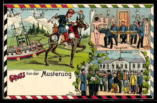 Künstler-AK Gruss von der Musterung, Reitende Gebirgsmarine und für tauglich befunden