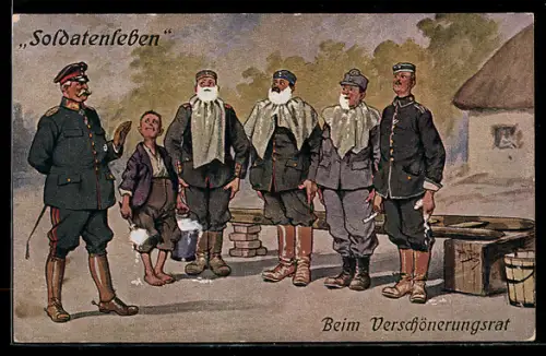 Künstler-AK A. Thiele: Soldatenleben. Beim Verschönerungsrat, Soldaten mit Rasierschaum