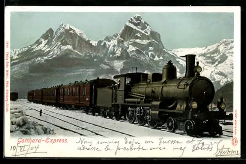 AK Gotthardbahn, Express-Lokomotive im Winter, schweizer Eisenbahn