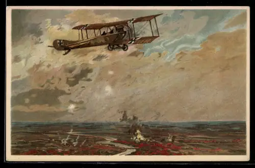 Künstler-AK Hans Rudolf Schulze: Albatros auf Erkundungsfahrt an der Marne, Doppeldecker-Flugzeug