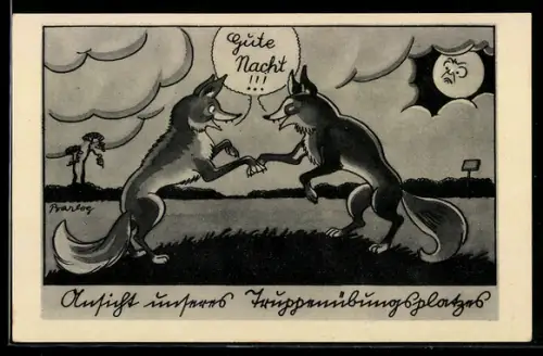 Künstler-AK Ferdinand Barlog: Zwei Füchse sagen sich Gute Nacht