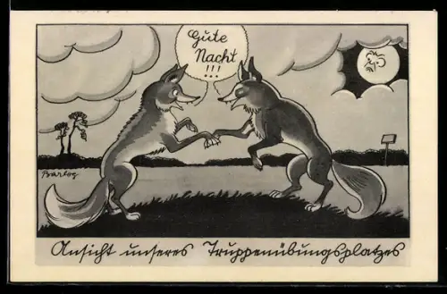 Künstler-AK Ferdinand Barlog: Zwei Füchse sagen sich Gute Nacht