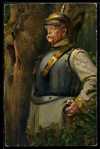 Künstler-AK Er lebt noch!, Füst Bismarck im Harnisch mit Pickelhaube