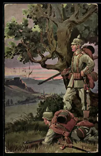 Künstler-AK sign. E. Wehrmann: Deutsche Soldaten halten Ausschau