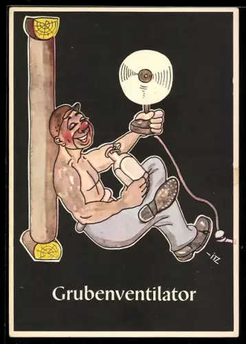 Künstler-AK sign. H. Moritz: Lustige Gezähekiste - 48 bergmännische Begriffe, Bild 39, Grubenventilator