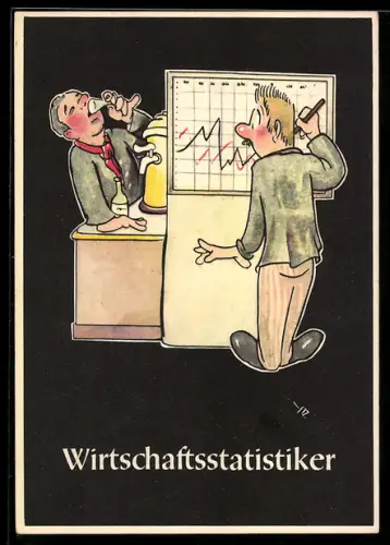 Künstler-AK sign. H. Moritz: Lustige Gezähekiste - 48 bergmännische Begriffe, Bild 36, Wirtschaftsstatistiker