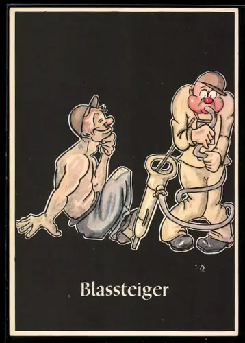 Künstler-AK sign. H. Moritz: bergmännische Begriffe karikiert aus Lustige Gezähekiste, Nr. 47: Blassteiger