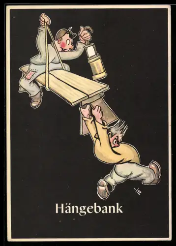 Künstler-AK sign. H. Moritz: Lustige Gezähekiste - 48 bergmännische Begriffe, Bild 46, Hängebank