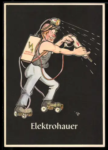 Künstler-AK sign. H. Moritz: Lustige Gezähekiste - 48 bergmännische Begriffe, Bild 26, Elektrohauer