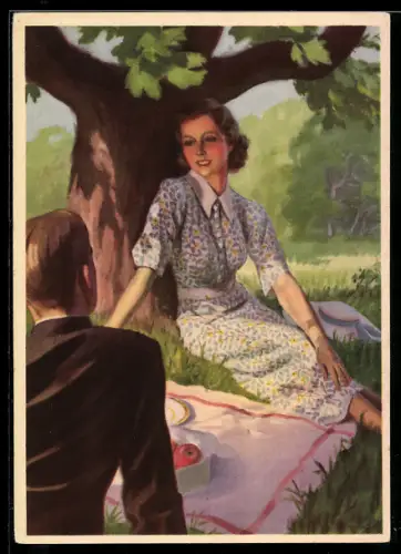 AK Reklame für Indanthrenfarbige Stoffe, Paar beim Picknick unter dem Baum