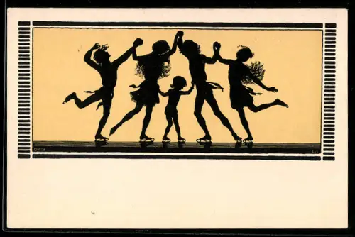 Künstler-AK Fidus: Winterfreude, Tanz auf dem Eis, Schattenbild, Jugendstil