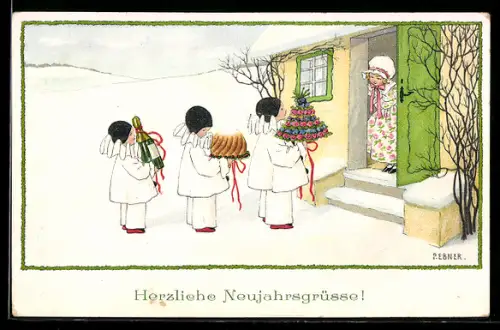 Künstler-AK Pauli Ebner: Kleine Harlekine mit Sekt, Kuchen u. Blumen, Neujahrsgruss