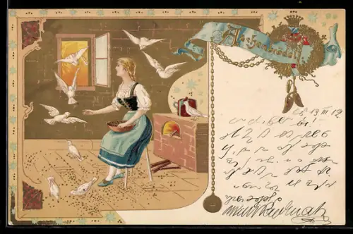 Lithographie Aschenbrödel füttert Vögel