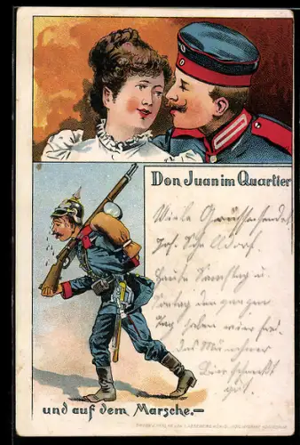 Lithographie Soldat der Infanterie als Don Juan im Quartier und auf dem Marsch