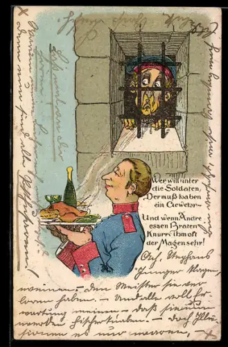 Lithographie Soldat im Arrest schaut einem reich gedeckten Teller hinterher