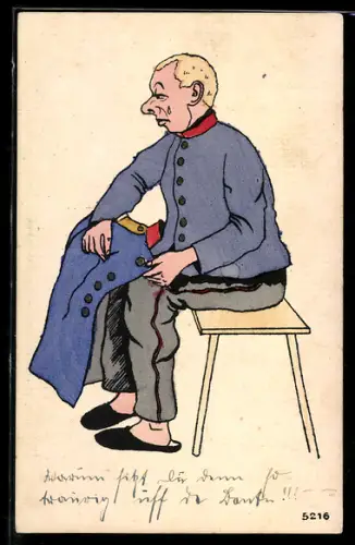 AK Soldat beim Annähen von Knopf am Uniformrock