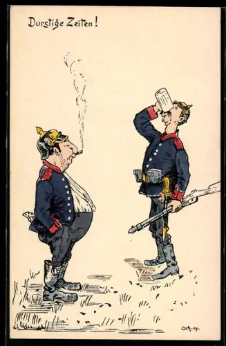 AK Durstige Zeiten!, Soldatenhumor, Karikaturen