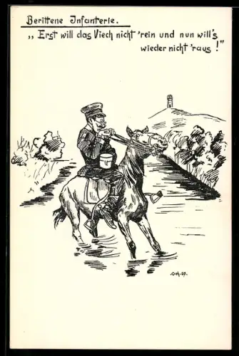 AK Berittene Infanterie, Erst will das Vieh nicht `rein und nun will`s wieder nicht `raus!, Soldatenhumor