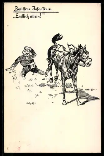AK Berittene Infanterie, Endlich allen!, Soldat ist vom Pferd gefallen, Soldatenhumor