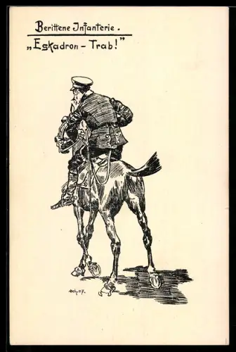 AK Soldat einer Eskadron gibt dem Pferd den Befehl zum Trab
