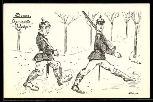 Künstler-AK sign. Schellmann: Zwei Soldaten in Uniform und mit Pickelhaube marschieren