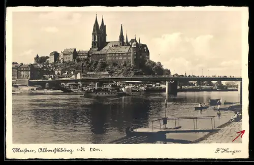 AK Meissen, Albrechtsburg mit Elbe und Elbbrücke