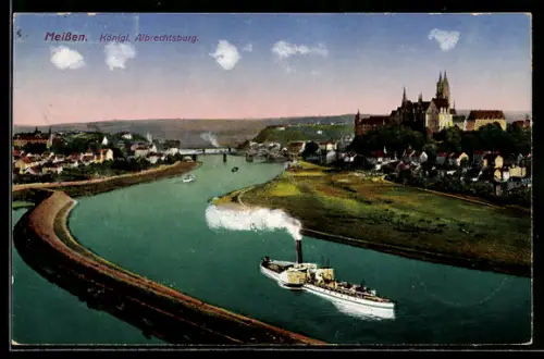 AK Meissen, Ortspanorama m. Königl. Albrechtsburg, Dampfschiff auf der Elbe