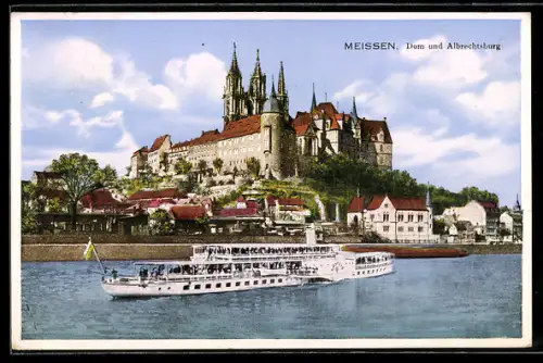 AK Meissen, Blick auf die Albrechtsburg mit Elbpartie und Dampfer