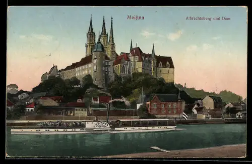 Künstler-AK Meissen, Elbdampfer Sachsen mit Albrechtsburg und Dom