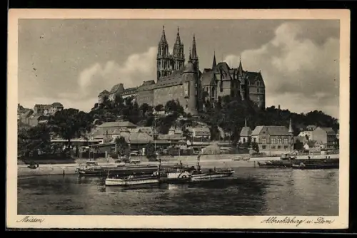 AK Meissen, Elbedampfer vor der Albrechtsburg und dem Dom