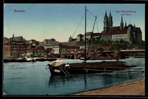 AK Meissen, Segelboot vor der Albrechtsburg und dem Dom