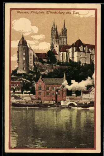 AK Meissen, Königliche Albrechtsburg und Dom, Schleppdampfer auf der Elbe