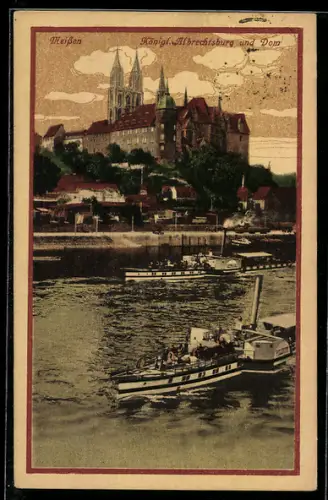AK Meissen, Dampfer Pillnitz und Germania auf der Elbe, Albrechtsburg und Dom