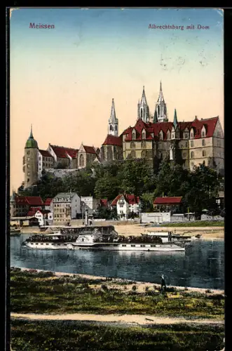 AK Meissen, Elbdampfer Bodenbach fährt an der Albrechtsburg mit Dom vorbei