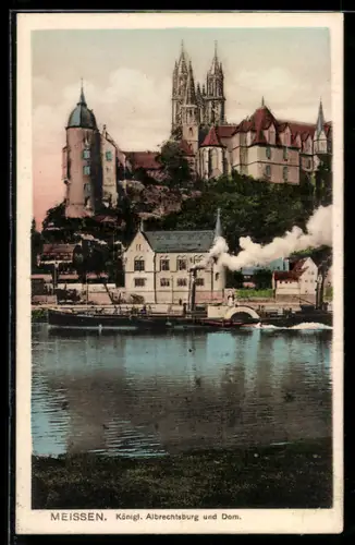 AK Meissen, Königliche Albrechtsburg und Dom, Raddampfer vor der Burg