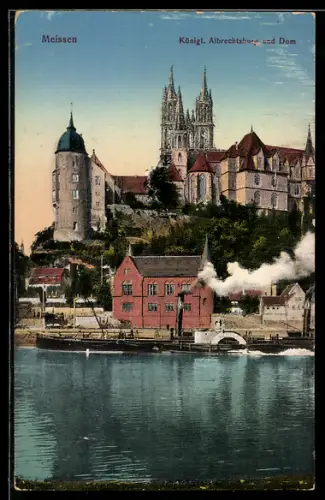 AK Meissen, Königliche Albrechtsburg und Dom, Dampfschlepper auf der Elbe