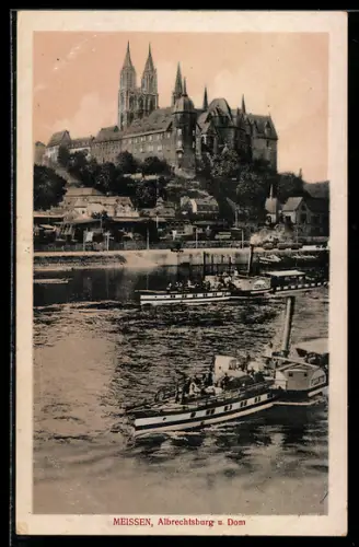 AK Meissen, Dampfer Pillnitz und Germania auf der Elbe, Albrechtsburg und Dom