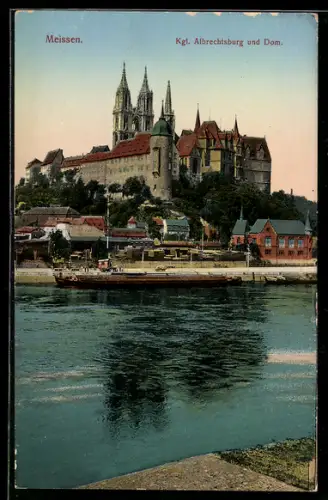 AK Meissen, Kgl. Albrechtsburg und Dom, Lastkähne am Elbufer