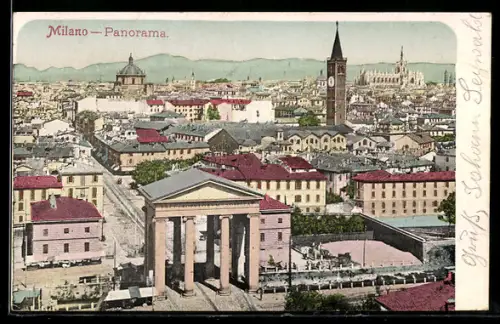 Goldfenster-AK Milano, Panorama mit leuchtenden Fenstern