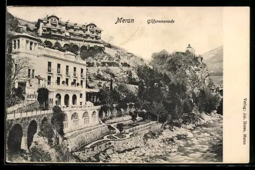 AK Merano, Gilfpromenade mit Flussansicht