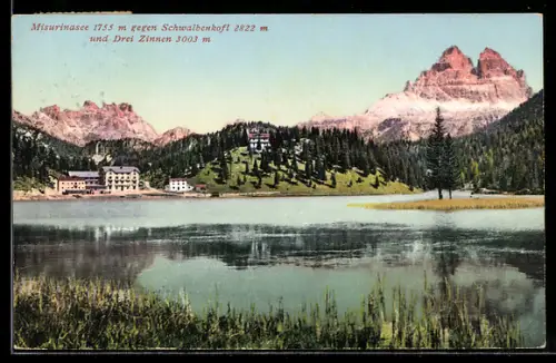 AK Misurinasee, Blick gegen Schwalbenkopf und Drei Zinnen